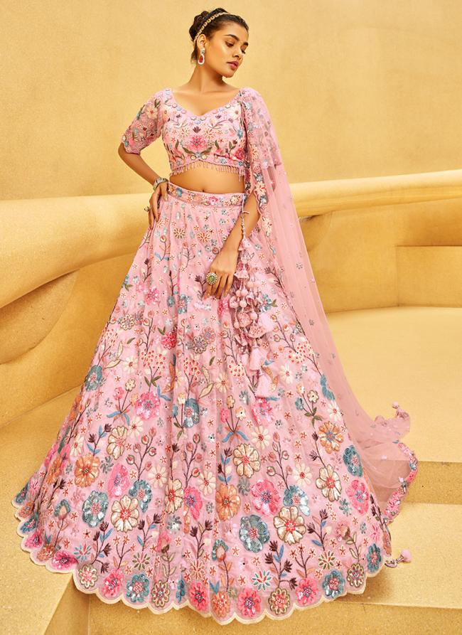 Organza Pink Wedding Wear Sequins Work Lehenga Choli